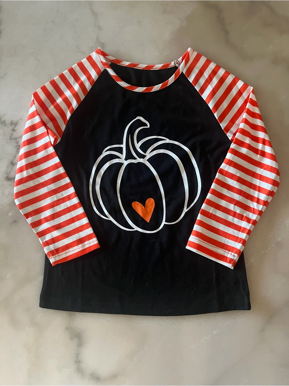Kids Black Pumpkin Raglan Shirt with Orange Striped Sleeves